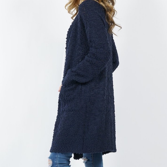 Navy Blue Open Londbody Cardigan with Pockets - Picture 3 of 5